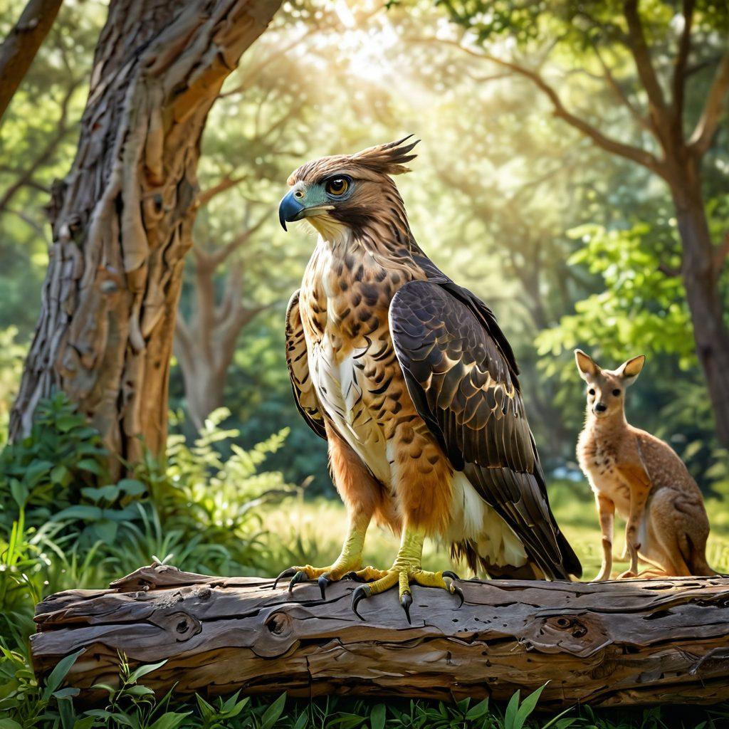 A serene wildlife recovery sanctuary showcasing various injured animals like a hawk with bandaged wing, a fawn in a gentle caretaker’s lap, and a kangaroo in a grassy area. Lush green trees surround the scene, emphasizing tranquility and care. Soft sunlight filters through the leaves, illuminating the healing process. Use vibrant colors to evoke feelings of hope and nurturing. super-realistic. soft lighting. vibrant colors.
