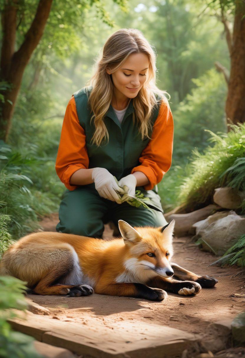 A heartwarming scene depicting a wildlife rehabilitator gently tending to a rescued fox in a bright, natural setting. Surround the fox with lush greenery, soft sunlight filtering through the trees, and signs of recovery like food and water nearby. Include a backdrop of other rehabilitated animals peacefully roaming, symbolizing freedom and safety. Emphasize warmth, care, and the beauty of nature. super-realistic. vibrant colors. warm tones.