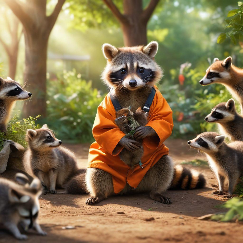 A heartwarming scene depicting a wildlife rehabilitation center, featuring a veterinarian gently tending to a playful baby raccoon, surrounded by various rescued animals like birds and foxes. In the background, volunteers are seen caring for injured wildlife, with lush greenery and bright sunlight filtering through the trees. Emphasize the compassion and dedication involved in animal rescue. vibrant colors. super-realistic.